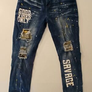 Men's Encrypted Blue Distressed Jeans Size 36x32